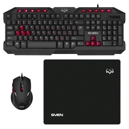 Комплект SVEN GS-9200 клавиатура, мышь и коврик USB RU/EN Черный/Красный Комплект SVEN GS-9200 клавиатура, мышь и коврик USB RU/EN Черный/Красный