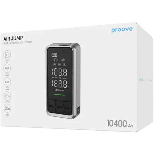 Пусковое устройство с компрессором Proove Air Jump + Pump 2 в 1, 1000 А, 10400 мАч, 85 Вт Пусковое устройство с компрессором Proove Air Jump + Pump 2 в 1, 1000 А, 10400 мАч, 85 Вт